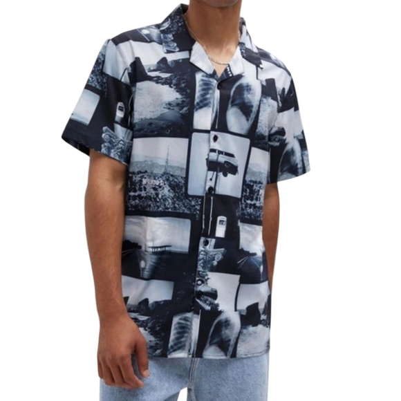 Pacsun Hollywood film short sleeve button up camp shirt xl black white - Picture 1 of 5